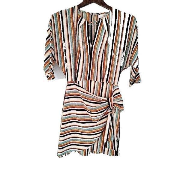 Emerald Sundae‎ Lined Women M Sash Pleated Artsy Striped Mini Dress Beach Preppy - Picture 1 of 5